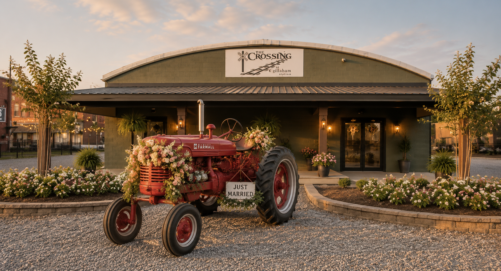 The Red Tractor — rustic vehicle available for wedding grand exit at The Crossing Venue